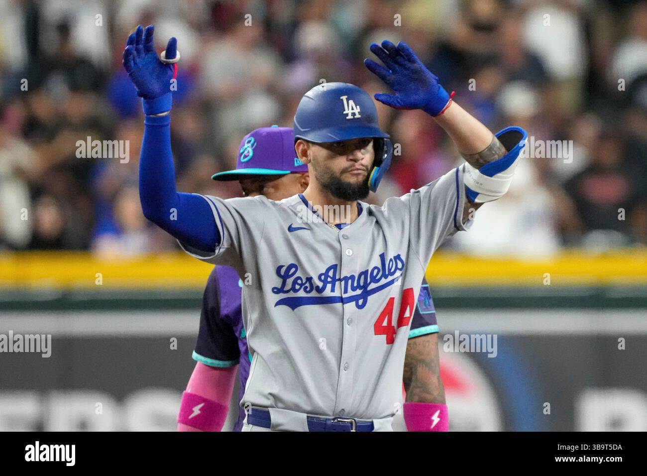 Los Angeles Dodgers outfielder Andy Pages (44) celebrates hitting a ...