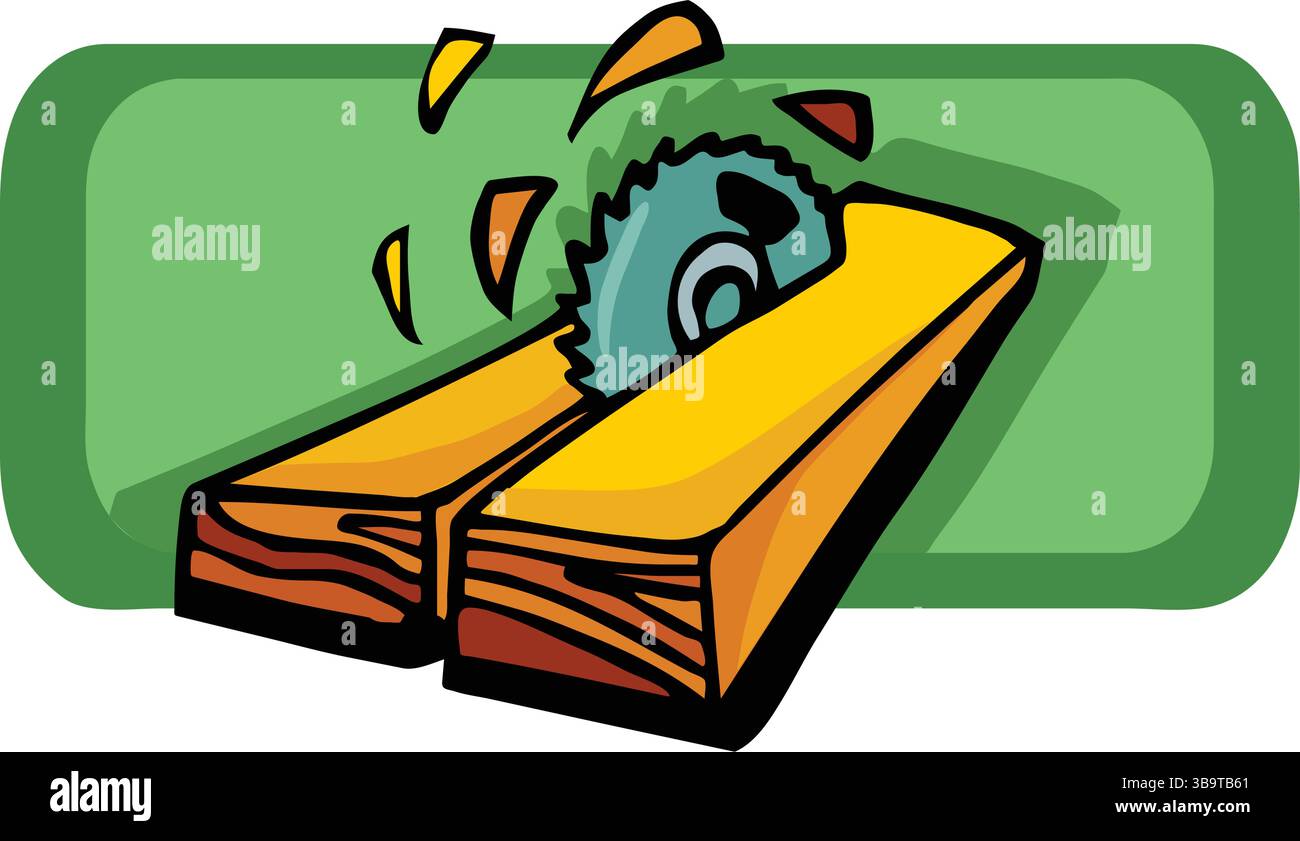 An abstract vector illustration shows a wood construction log cutting saw in a cartoon style Stock Vector