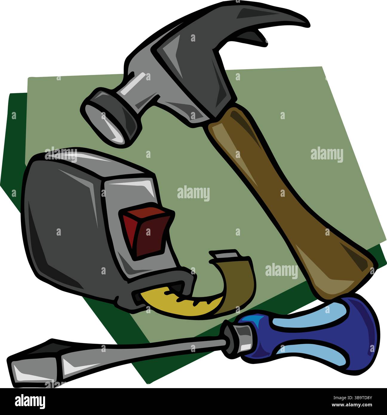 An abstract vector illustration shows a hammer tool construction and ...