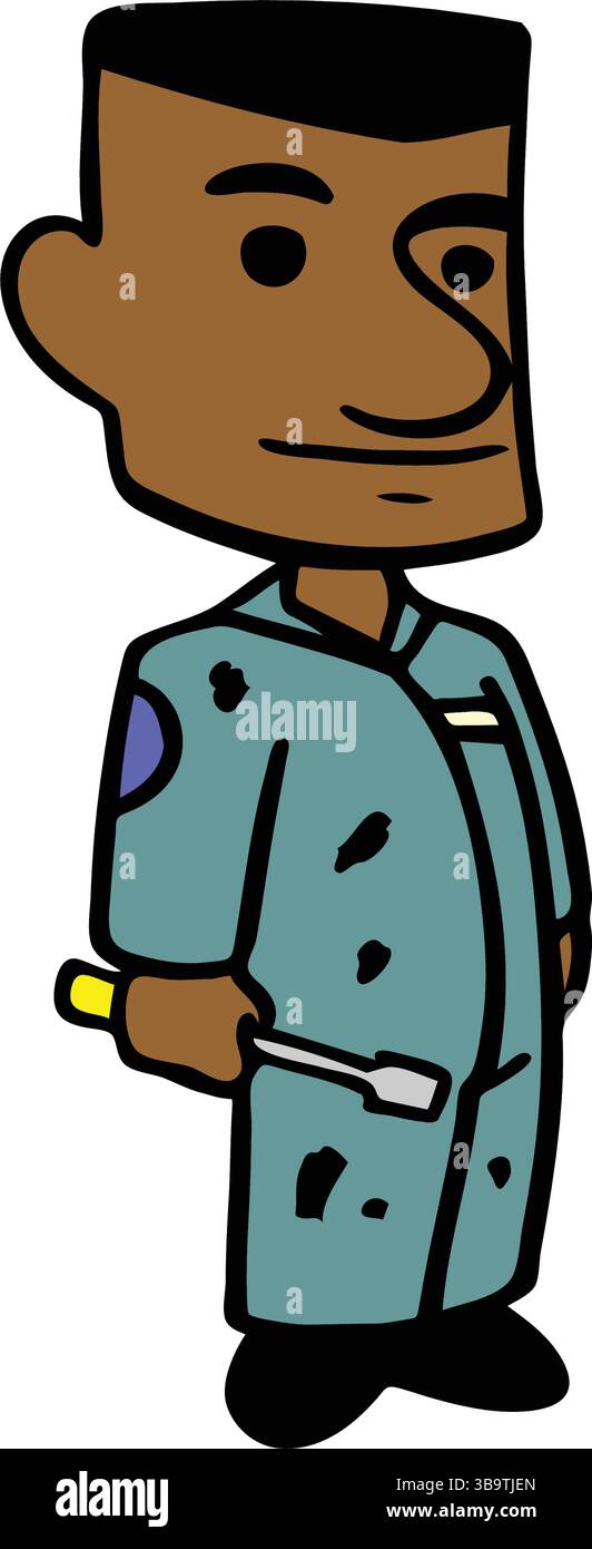 An abstract vector illustration shows a mechanic holding wrench  in cartoon style Stock Vector