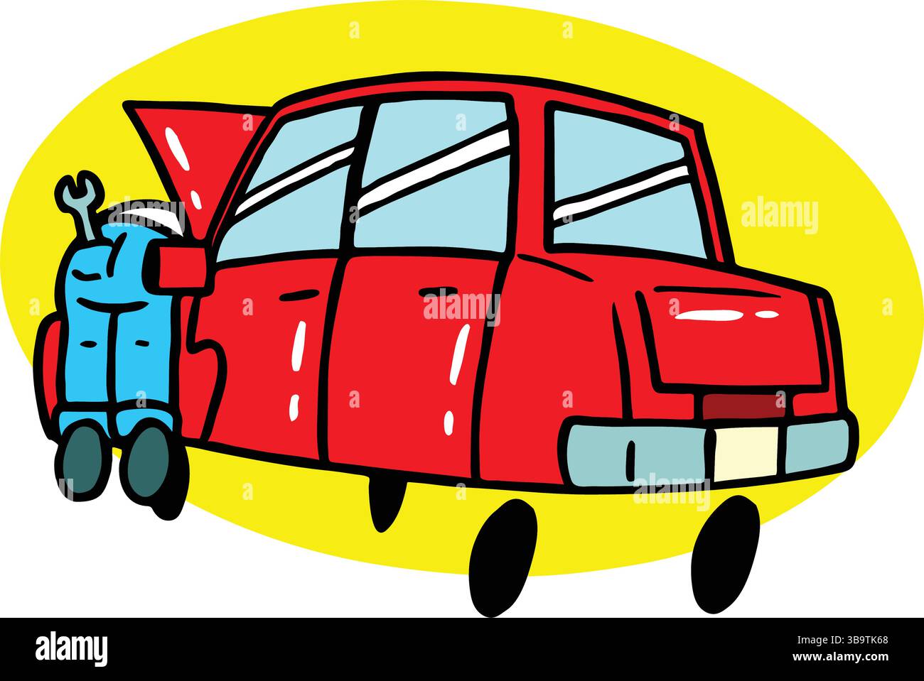 Cartoon Car Engine Off An abstract vector illustration shows a mechanic repair car engine in ...