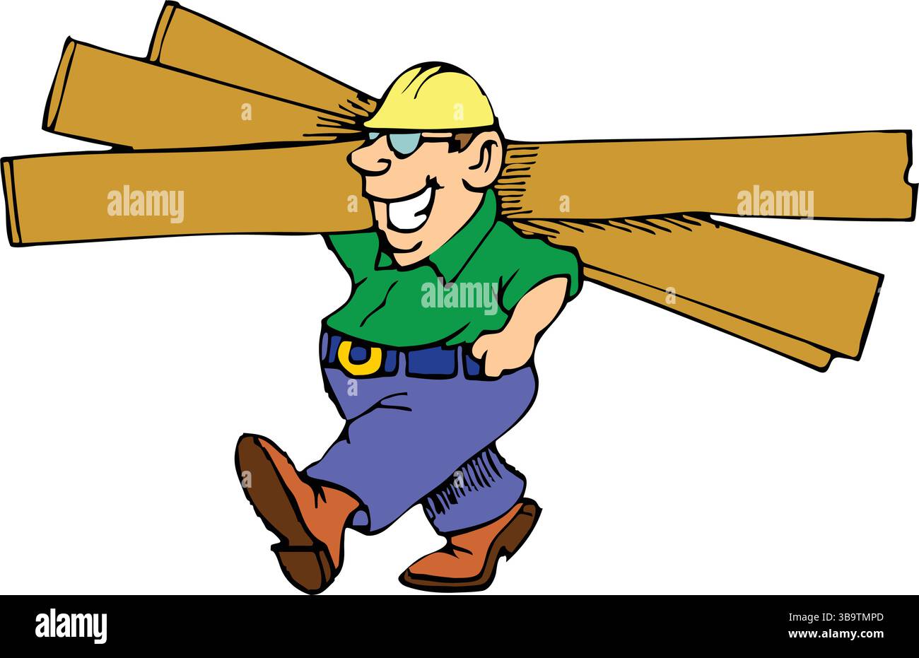 An abstract vector illustration shows a construction worker carrying ...