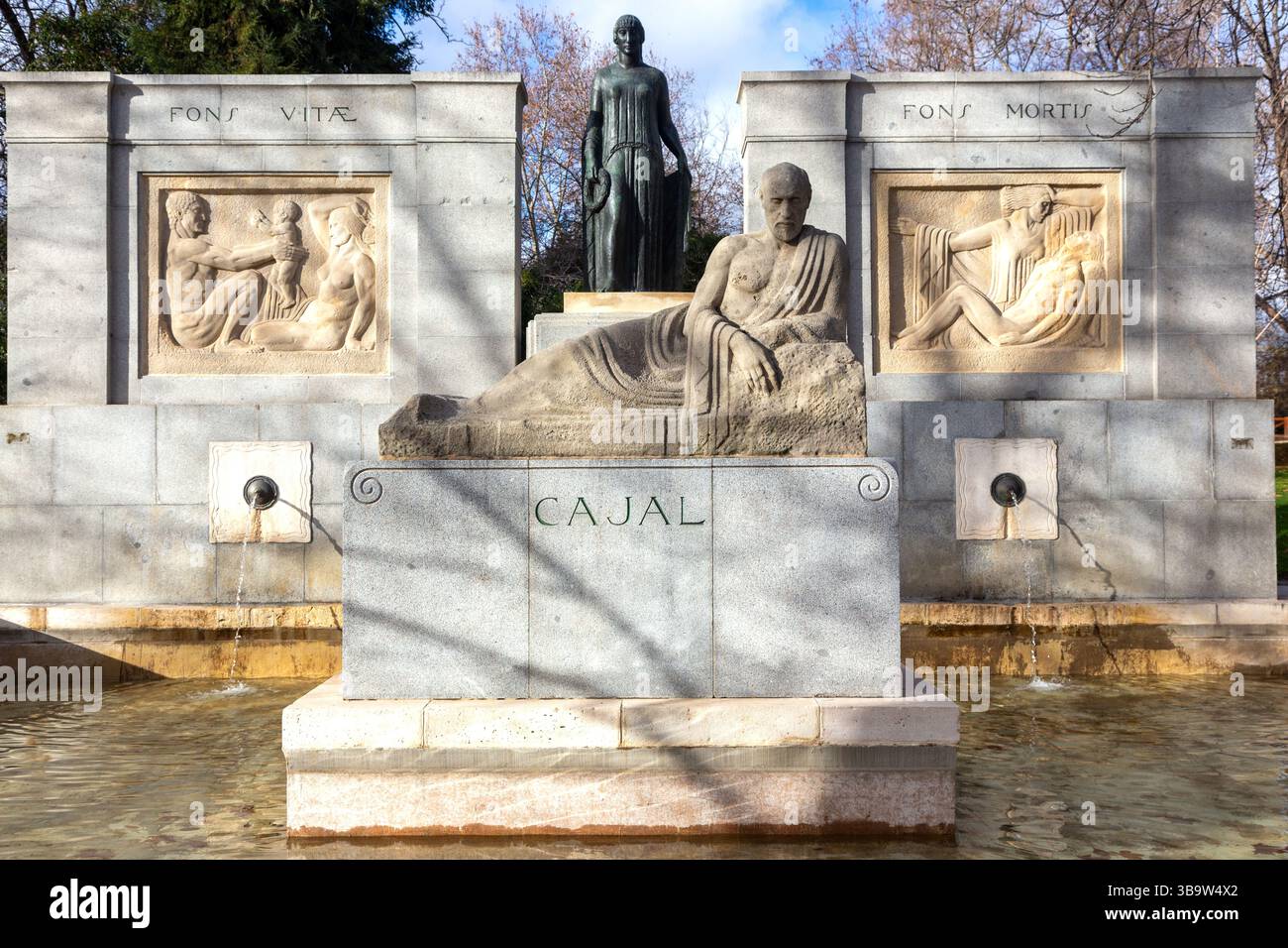 Santiago Ramon y Cajal Monument Statue Memorial, Urban El Retiro Park Madrid Centro Spain. Famous Spanish neuroscientist Nobel Prize Medicine Winner Stock Photo