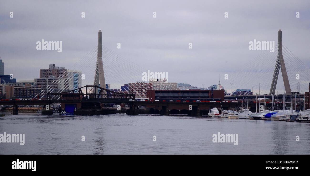 Boston Zakim bridge over Charles river around Boston bay harbor at 