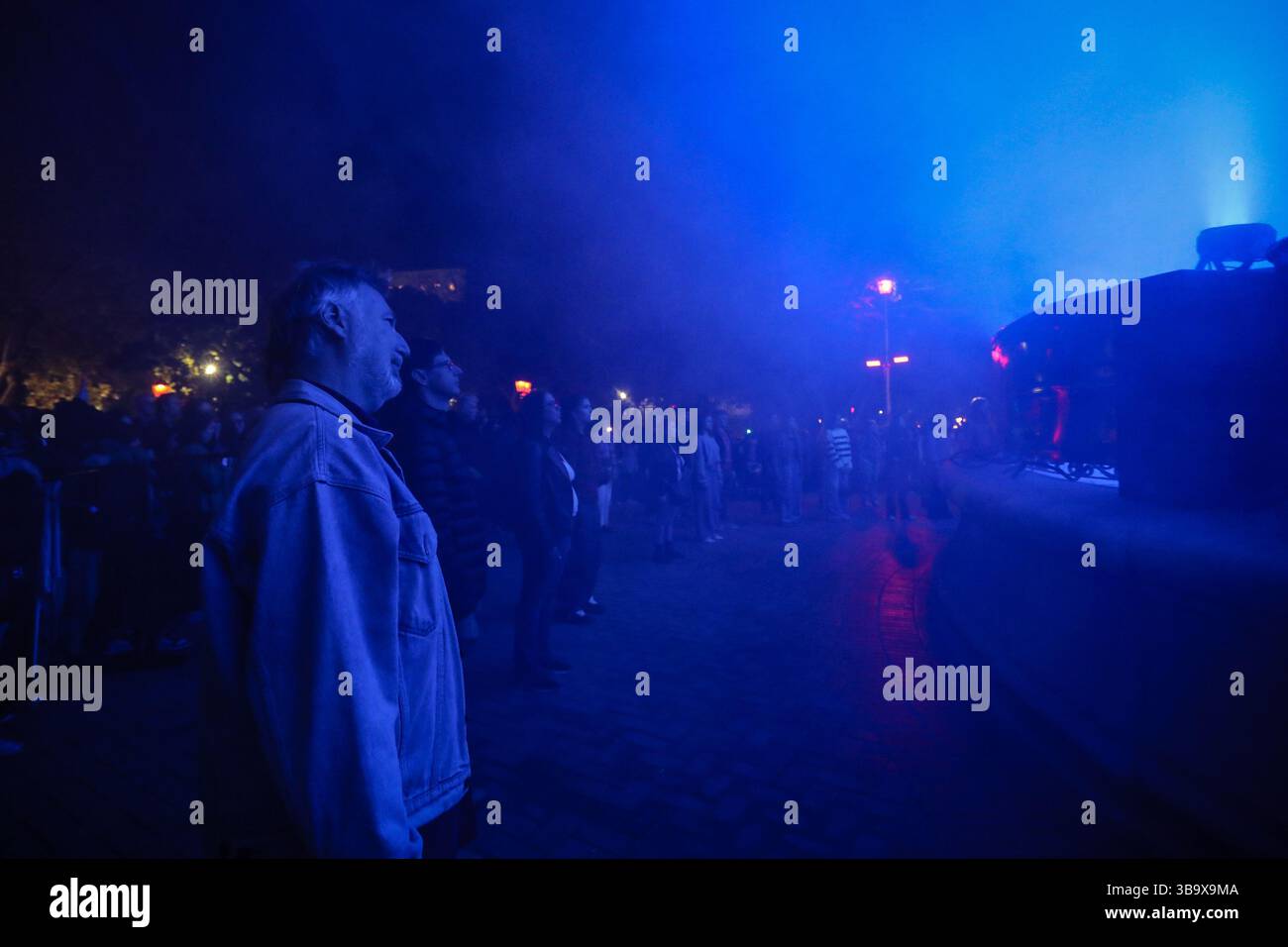 Buenos Aires, Argentina. 10th May, 2025. Abductees are seen during the recreation of the final scene of the serie The Eternauta. Netflix held an event at the Barrancas de Belgrano roundabout, the location of the final scene of the first season, to celebrate the success of the streaming platform's series based on the comic book by Héctor Germán Oesterheld. Credit: SOPA Images Limited/Alamy Live News Stock Photo