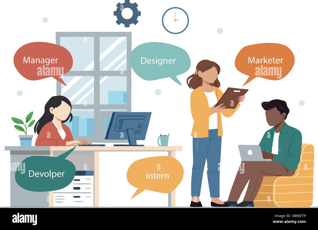 Modern Diverse Team Collaboration Developer Designer Marketer Manager Intern Working Together in Office Stock Vector