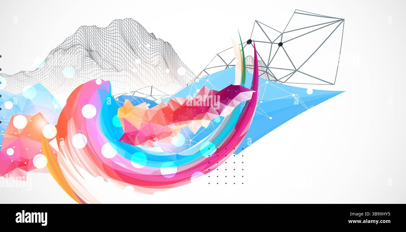 Abstract artwork with colorful waves, polygonal shapes and wireframe mountain. Vector Stock Vector