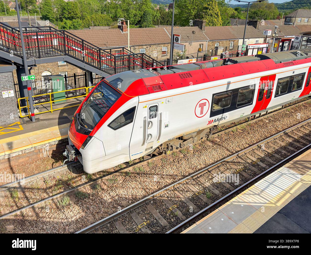 Treforest, Pontypridd, Wales, UK - 29 April 2025: Transport for Wales Class 756 train at Treforest Railway station. - Smartphone Captured Stock Image