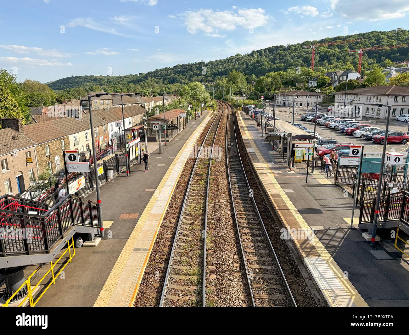 Treforest, Pontypridd, Wales, UK - 29 April 2025: Aerial view of at Treforest Railway station on the south Wales Valley Lines - Smartphone Captured Stock Image