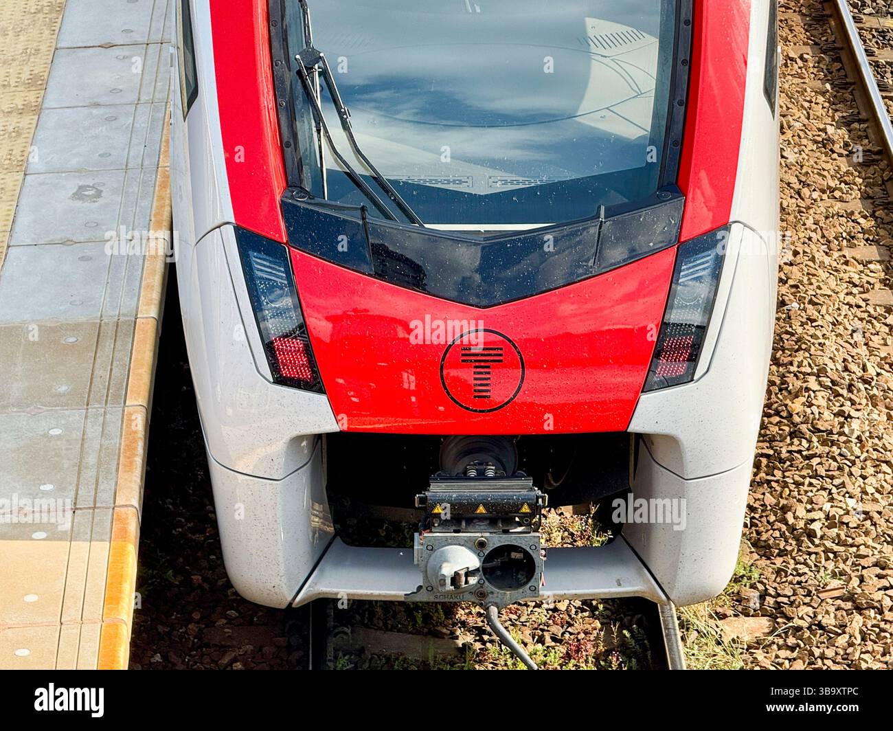 Treforest, Pontypridd, Wales, UK - 29 April 2025: Close up view of a Class 756 train at Treforest Railway station operated by Transport for Wales - Smartphone Captured Stock Image