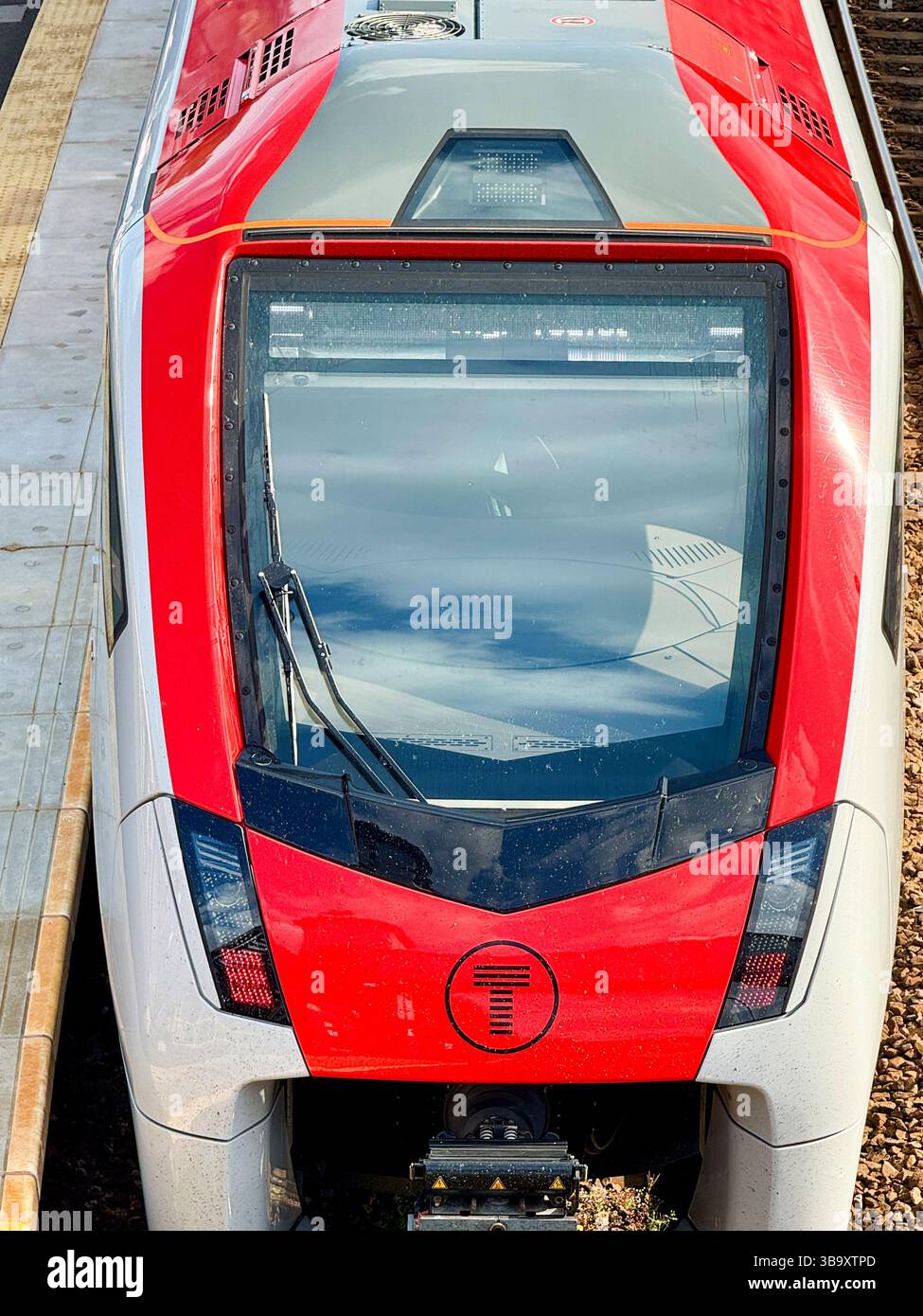 Treforest, Pontypridd, Wales, UK - 29 April 2025: Close up view of a Class 756 train at Treforest Railway station operated by Transport for Wales - Smartphone Captured Stock Image