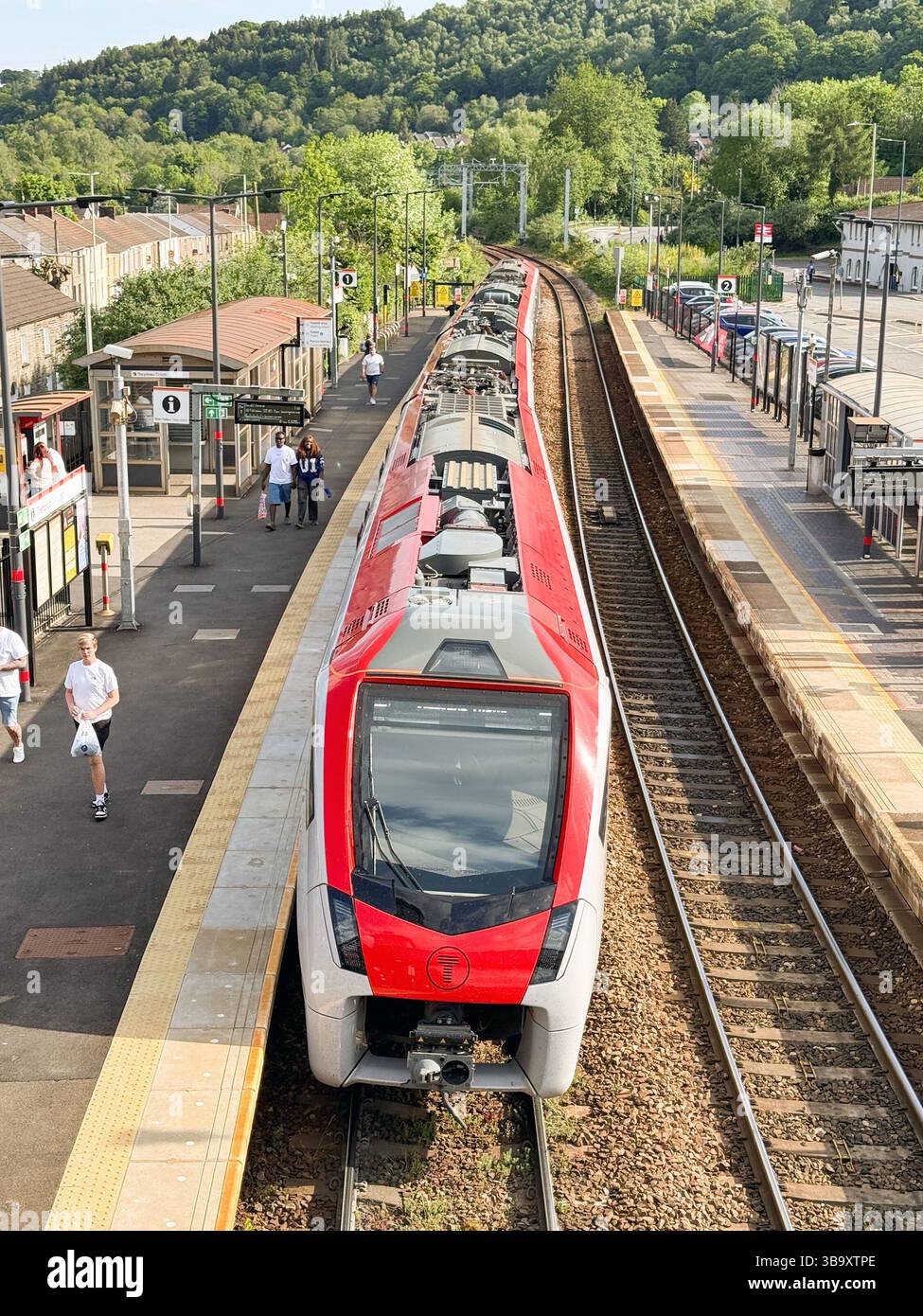 Treforest, Pontypridd, Wales, UK - 29 April 2025: Class 756 train at Treforest Railway station. The locomotive was built for Transport for Wales - Smartphone Captured Stock Image