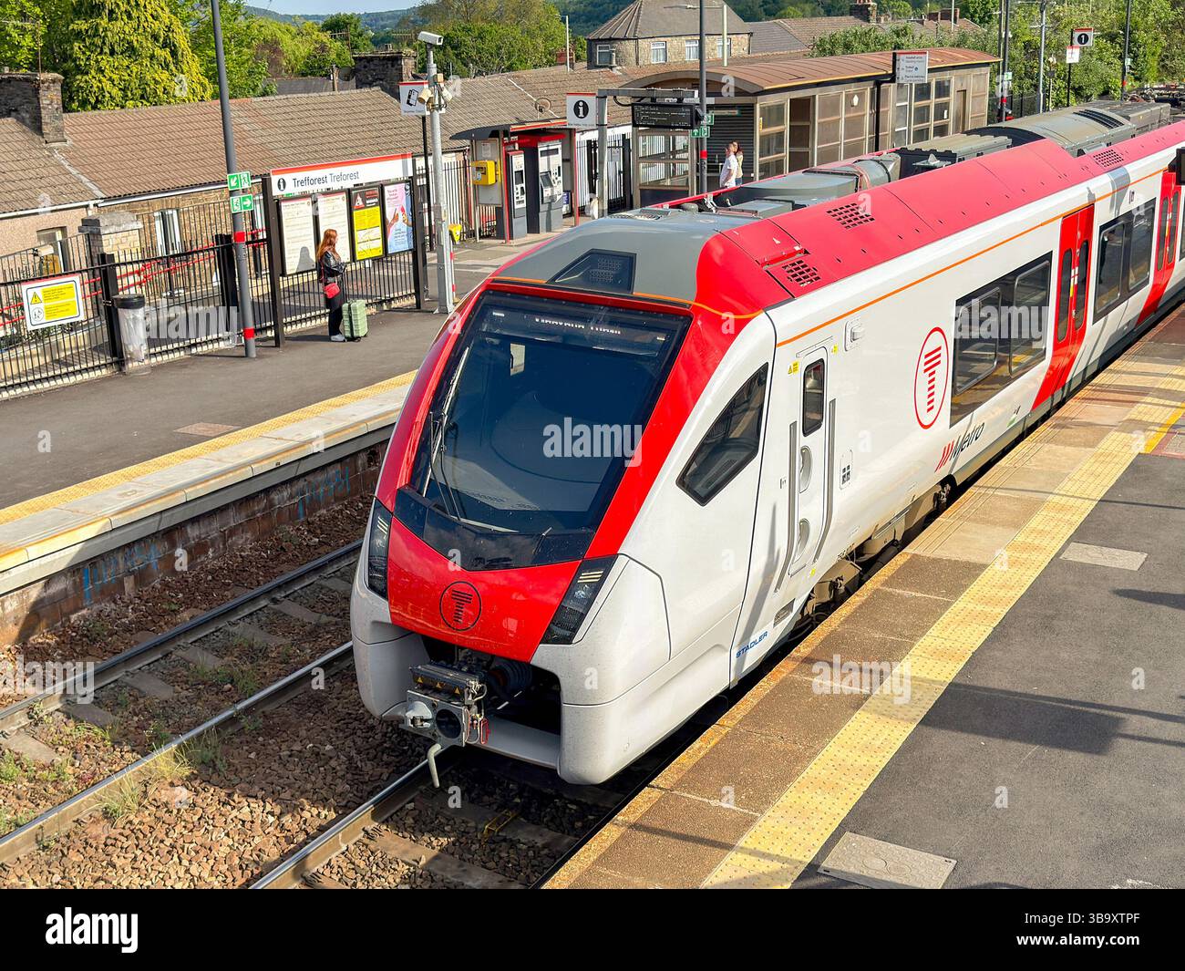 Treforest, Pontypridd, Wales, UK - 29 April 2025: Class 756 train at Treforest Railway station. The locomotive was built for Transport for Wales - Smartphone Captured Stock Image