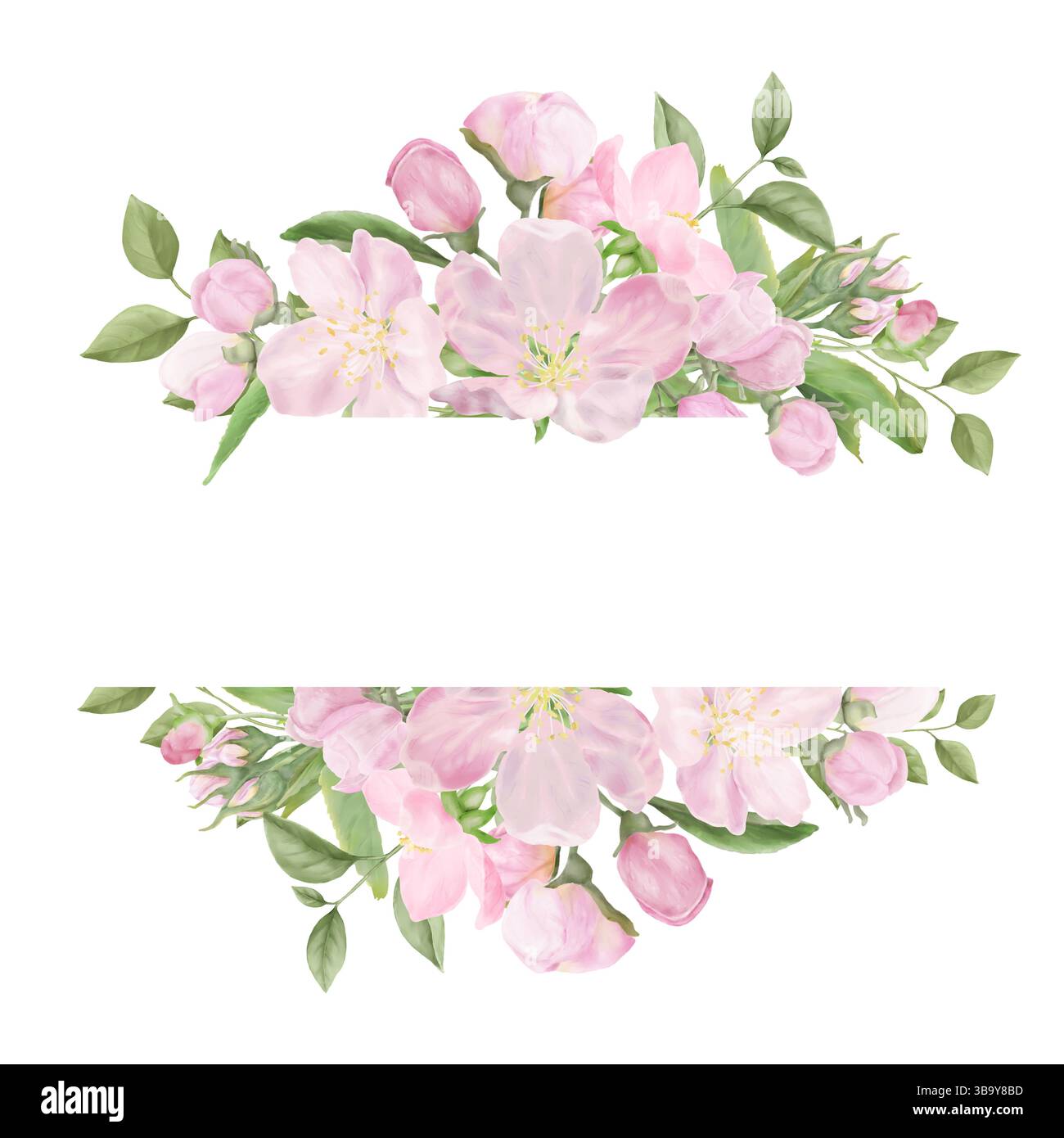 Delicate pink flowers and spring branches with leaves on a floral horizontal frame. Watercolor illustration. Banner and floral background, isolated on Stock Photo