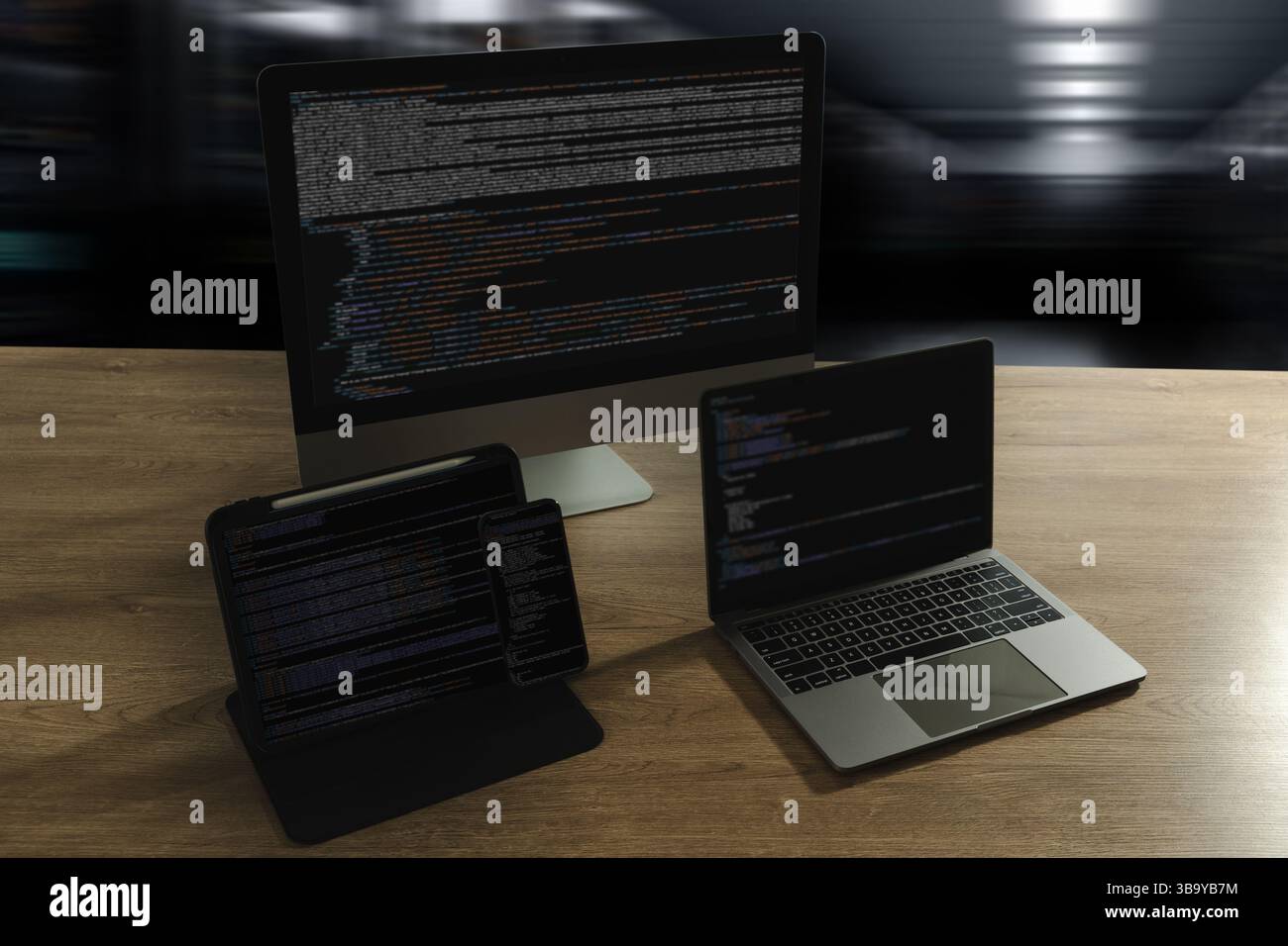 Programming workspace with code on desktop, laptop, tablet, and ...
