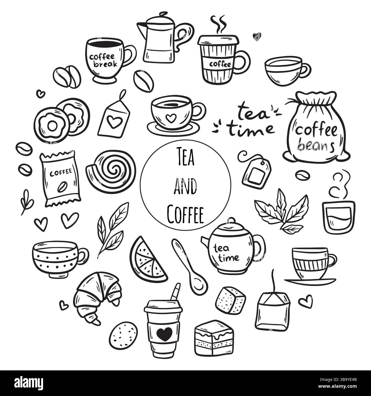 Tea and Coffee Time Doodle Set - Hand-Drawn Black Line Icons of Teapots ...
