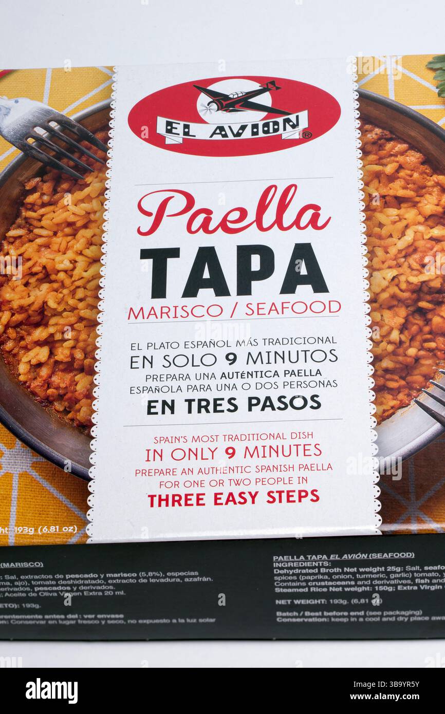 Box of El Avion Paella Tapa Seafood cooked in only 9 minutes Stock Photo