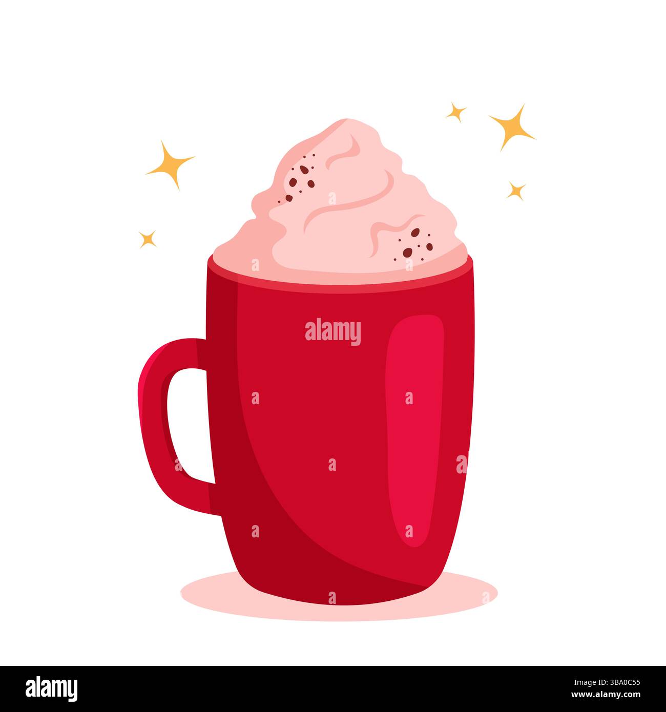 Hot chocolate or coffee with whipped cream in red cup. Cozy vector illustration in cartoon style. Stock Vector