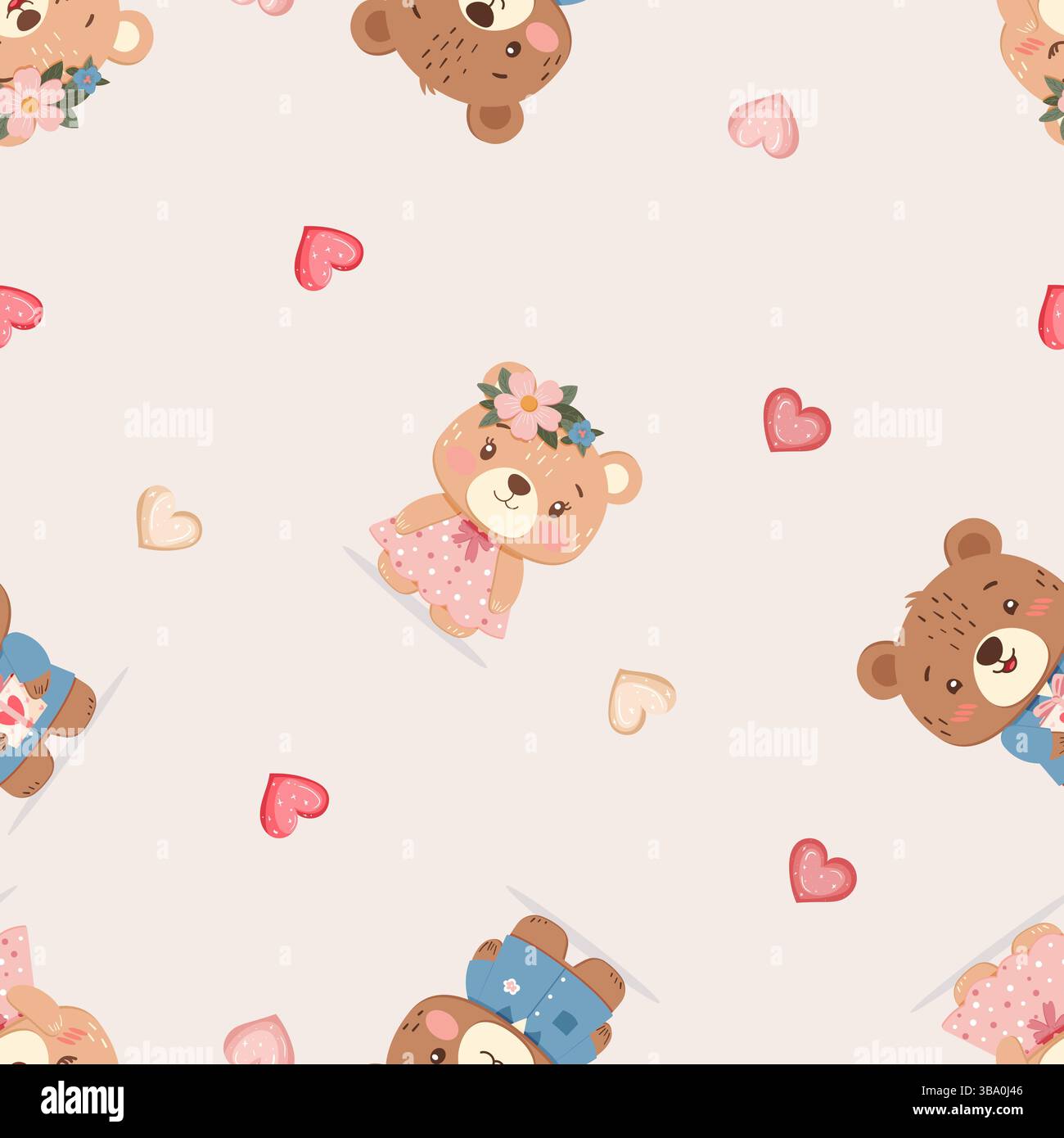 Seamless pattern with small teddy bears and hearts on beige background Stock Vector