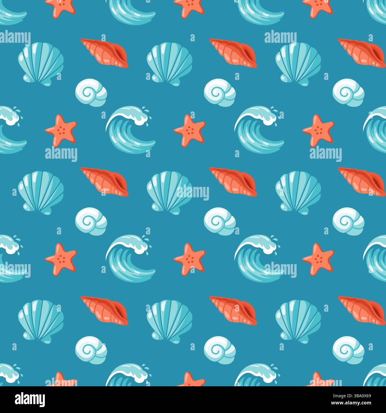 Seamless pattern with cartoon sea waves, shells and starfish on blue background. Ocean summer design for textiles and packagin Stock Vector