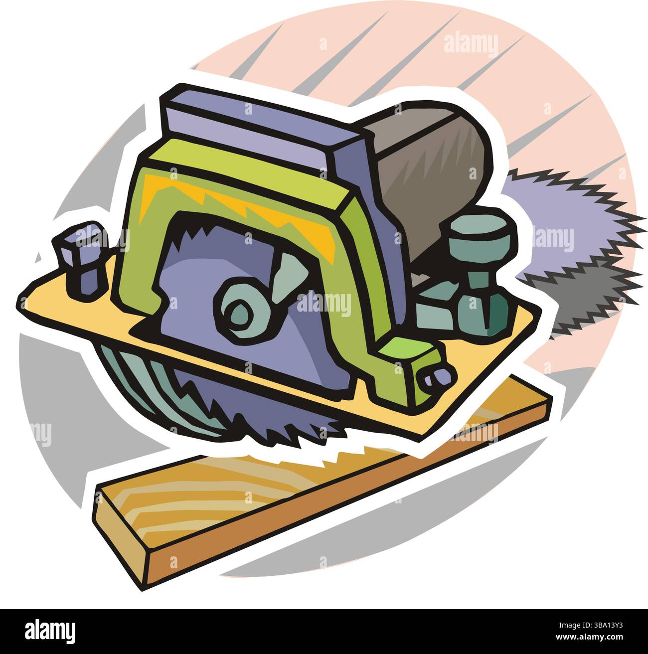 A colorful illustration of a green and purple circular saw with a blade, placed on a wooden board Stock Vector