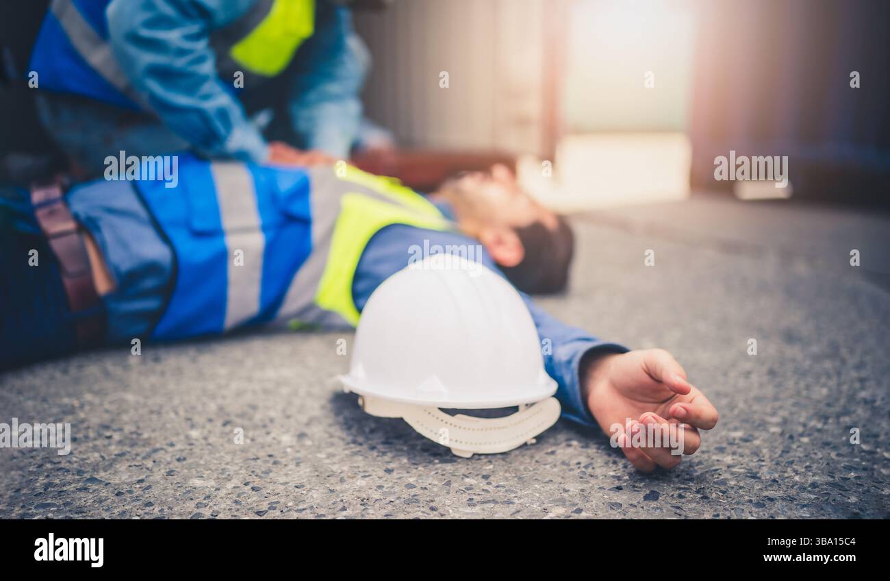 Engineer or foreman has an accident while working on Container ship. Logistics global import or export shipping industrial concept. Stock Photo