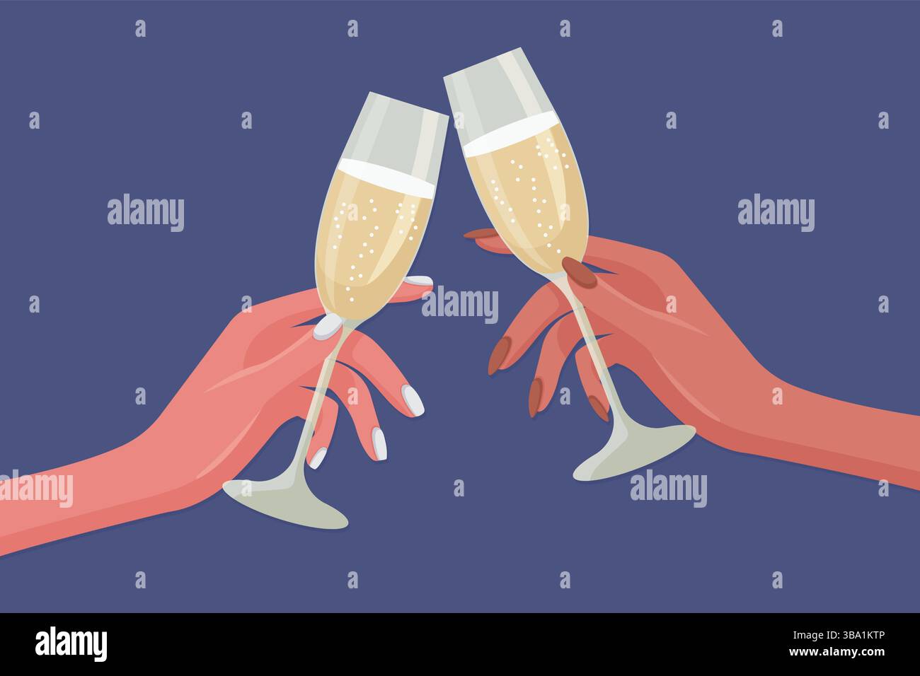 womens hands holding champagne glasses saying cheers flat vector illustration. Stock Vector