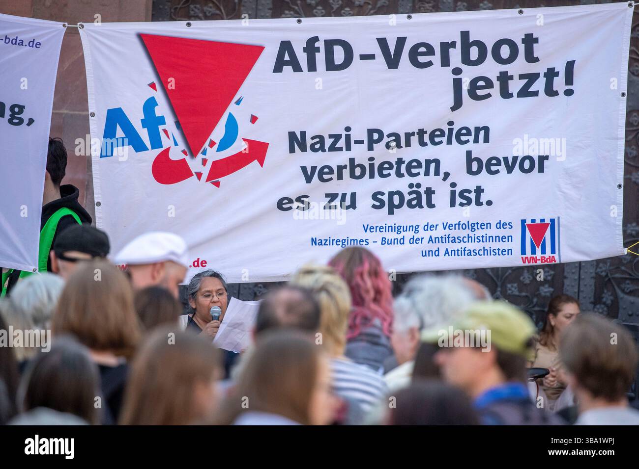 11 May 2025, Hesse, Frankfurt/Main: A banner with the slogan 
