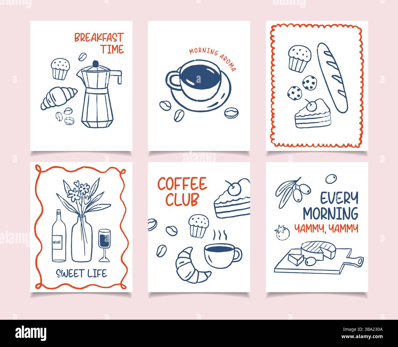 Breakfast doodles posters set. Vector of croissant and coffee, crayon drawing blue, red Stock Vector