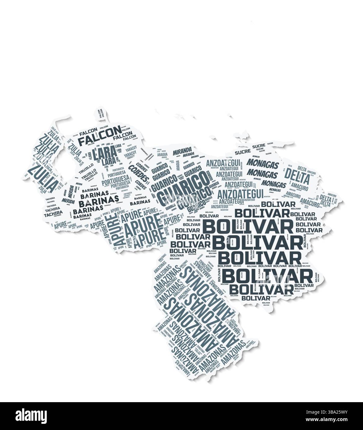Venezuela shape text cloud. Country border with shadow on white background. Venezuela with regions division in vintage gazette style. Stock Vector