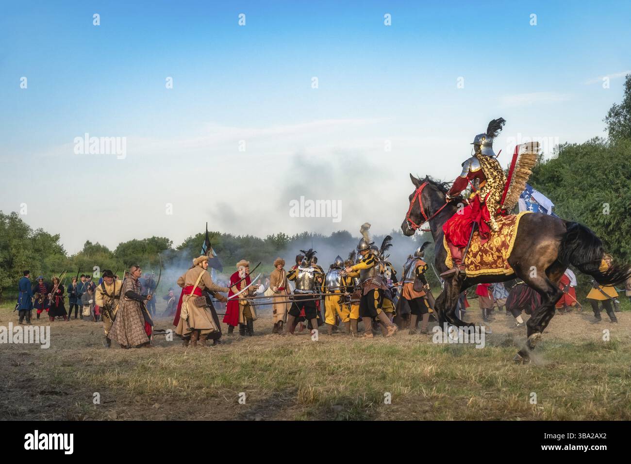 Gniew, Poland, Aug 2020 Hussars, Polish heavy cavalry, attacking enemy infantry, historical reenactment, Battle of Gniew, Polish Swedish war, Europe Stock Photo