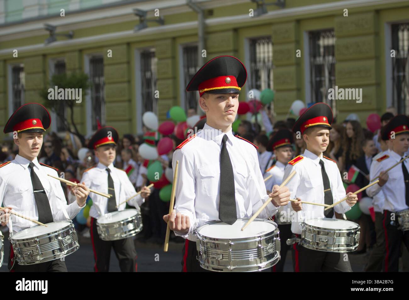 Belarus, the city of Gomel, May 9, 2018. Holiday Victory Day. Central Park.Soldiers drummers beat the drums. Street orchestra, Europe Stock Photo