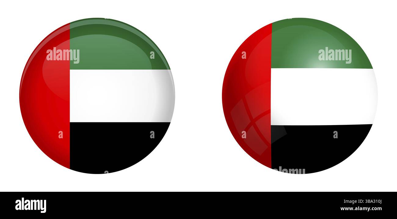 United Arab Emirates (UAE) flag under 3d dome button and on glossy ...