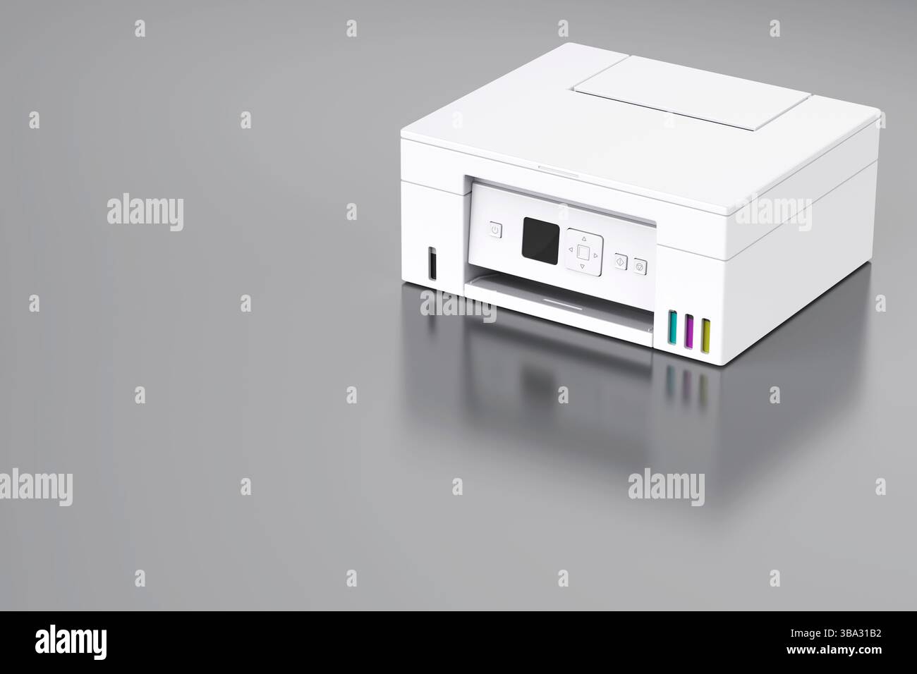 Printer Gray Modern all-in-one inkjet color printer on a shiny grey background Stock ...
