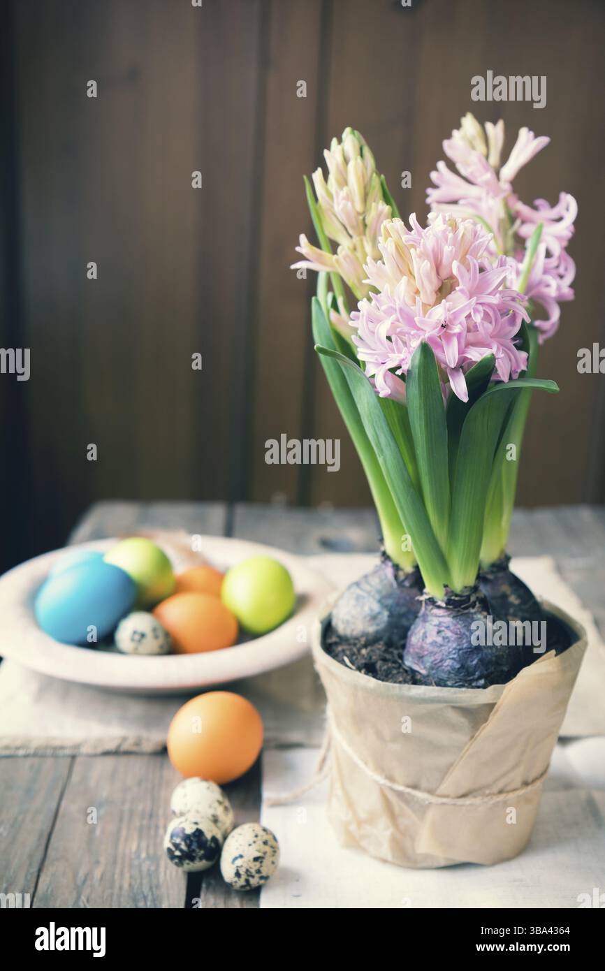 Pink hyacinth, easter colorful and quail eggs in wooden pot on dark wooden table. Toned photo Stock Photo