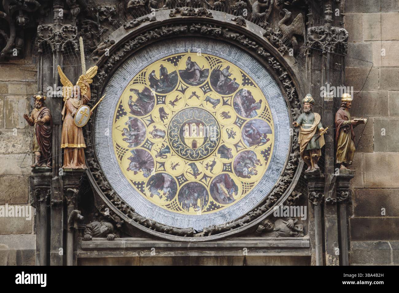 Astronomical Clock Orloj closeup in Czech Republic, Europe. Vintage style. Prague clock tower detail. Clock Prague on Old Town Hall. Town Hall Church Stock Photo