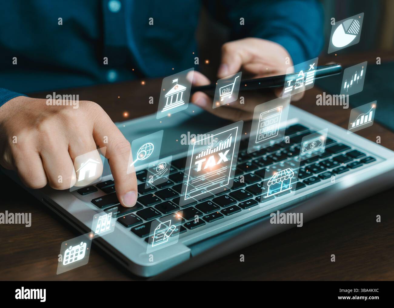 A businessman calculates taxes using a computer. Budgeting and tax ...