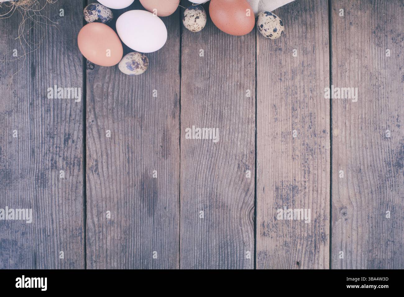 Eggs on the rustic wooden table with copy space Stock Photo
