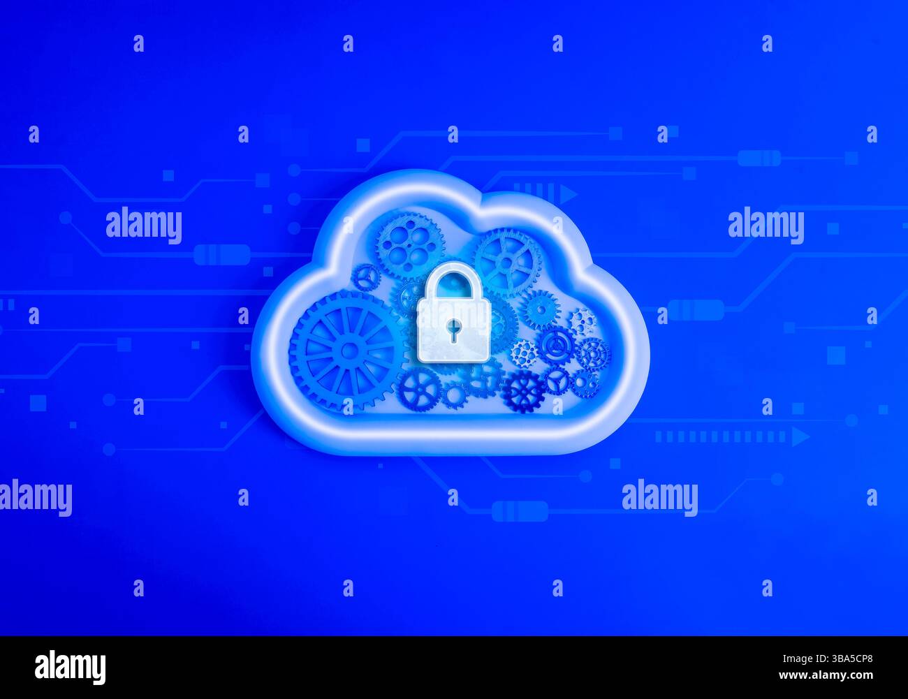 Cloud computing technology, security data system storage service concept. Digital lock icon on many gears and cogs management inside cloud storage on Stock Photo