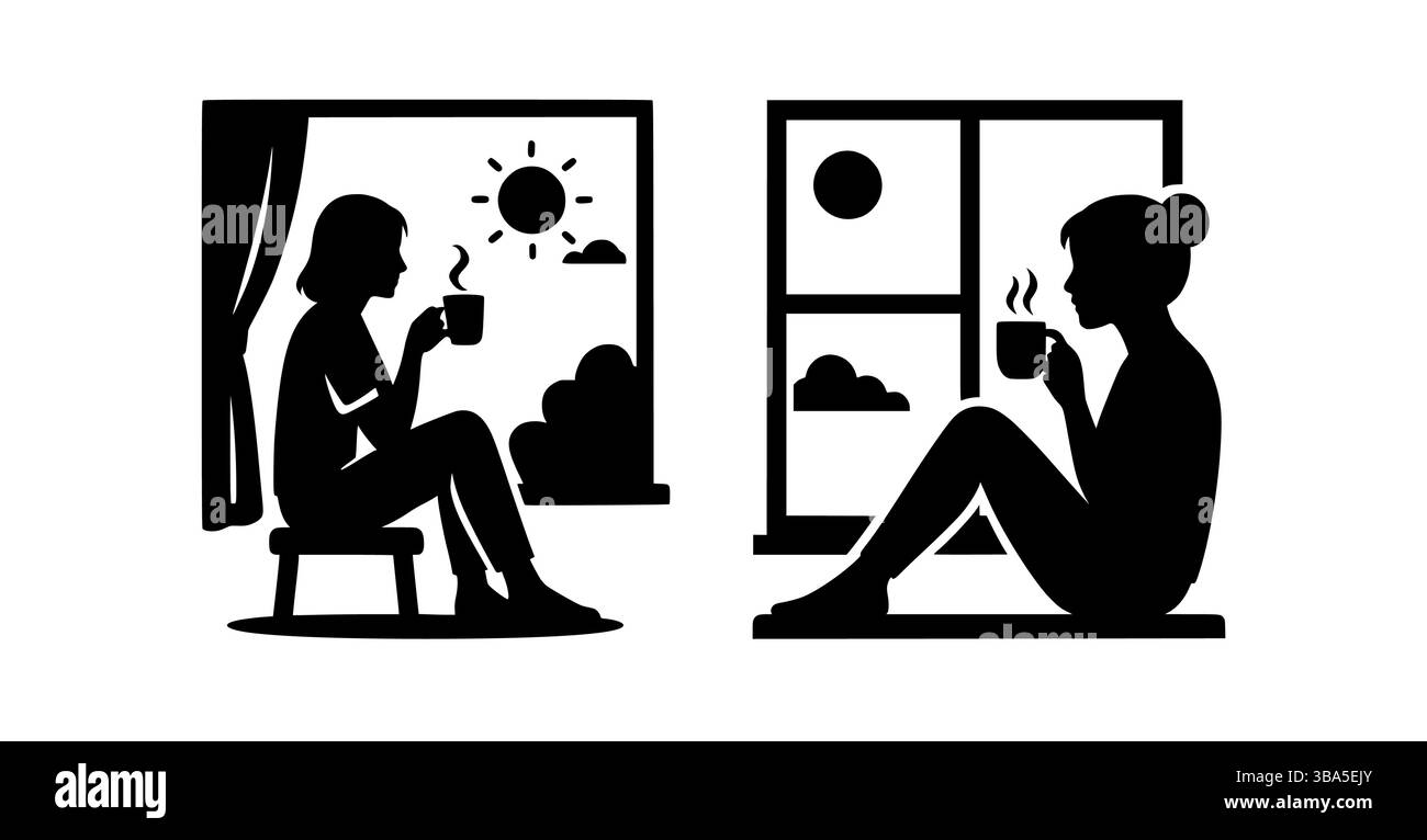 Morning Relaxation by the Window – Women Drinking Coffee or Tea Indoors Silhouette Vector Stock Vector