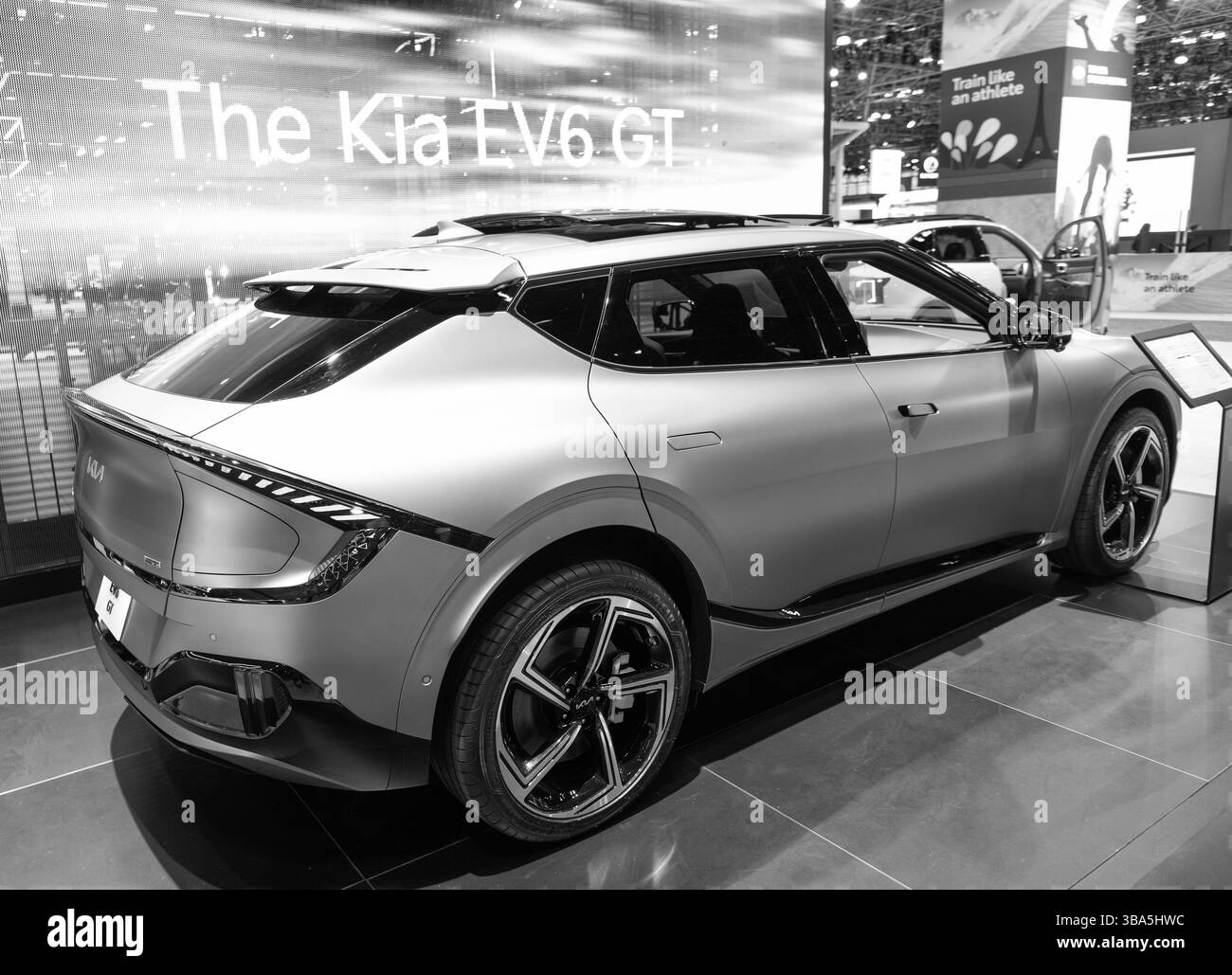 New York City, USA - March 27, 2024: Kia EV6 electric car at New York International Auto Show, corner view Stock Photo