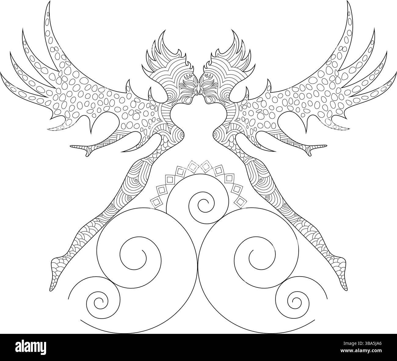 Intricate black and white line drawing of two symmetrical angelic or ...