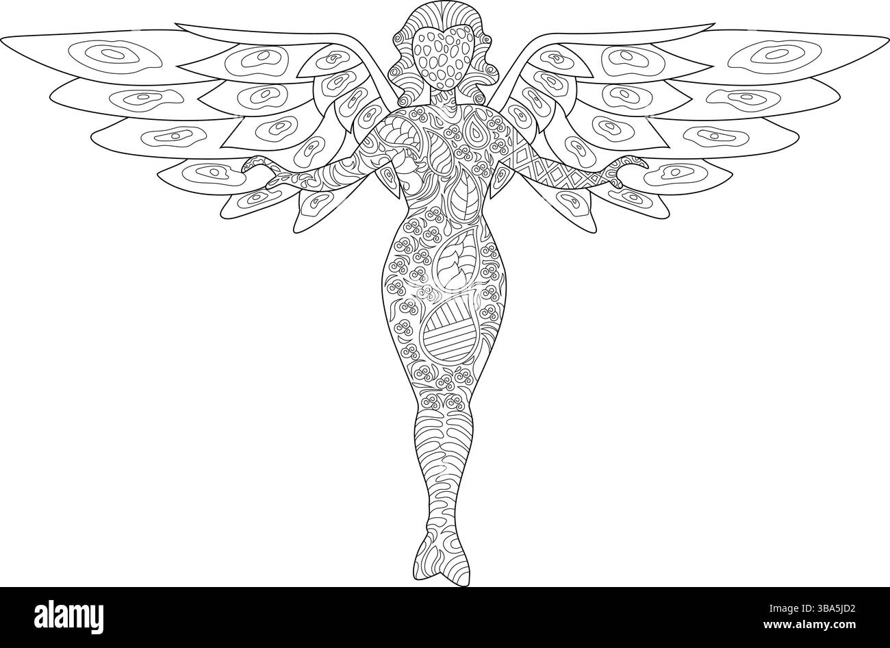 Detailed black and white line art drawing of an angel figure with ...
