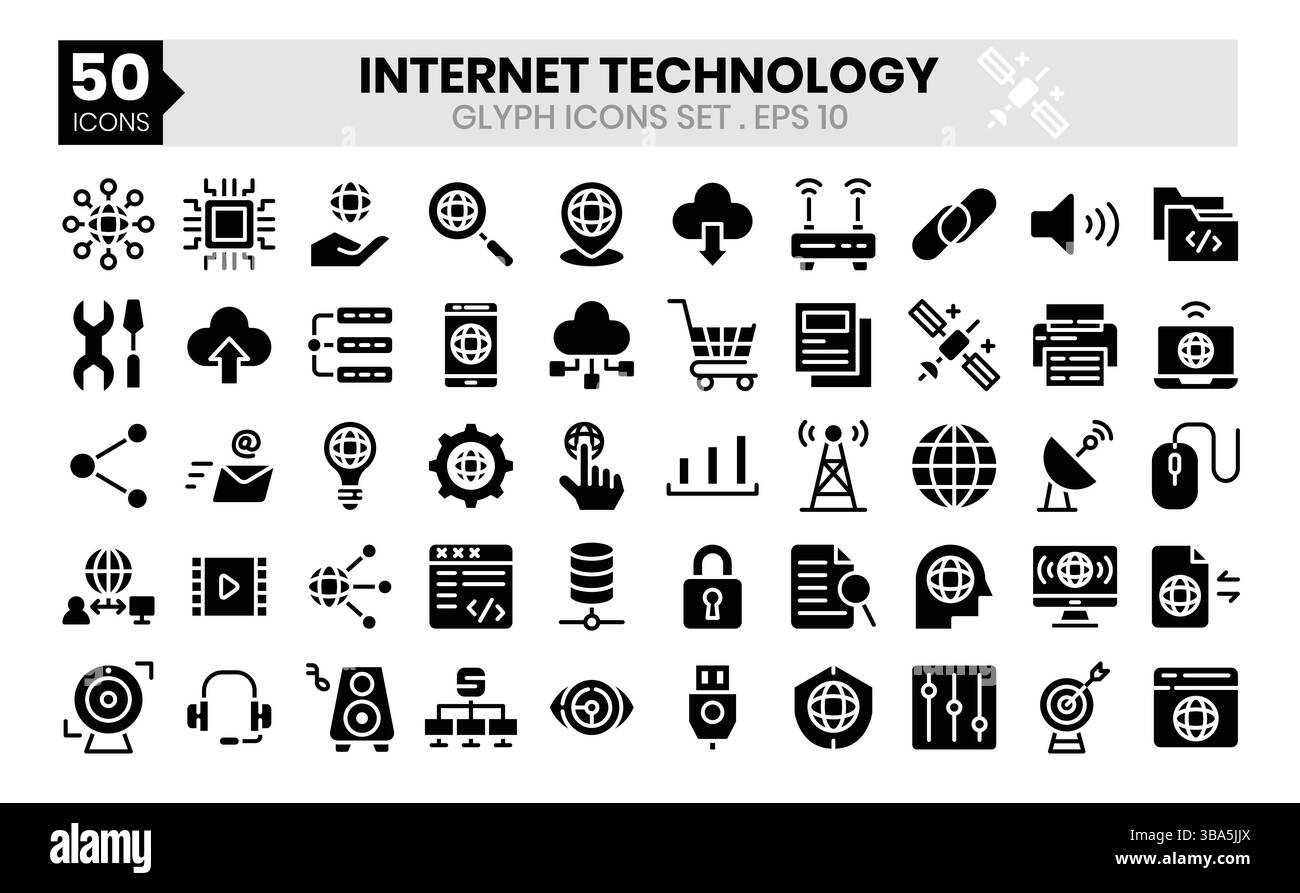 Internet Technology glyph icons set. The collection includes business and development, programming, web design, app design, and more. Stock Vector