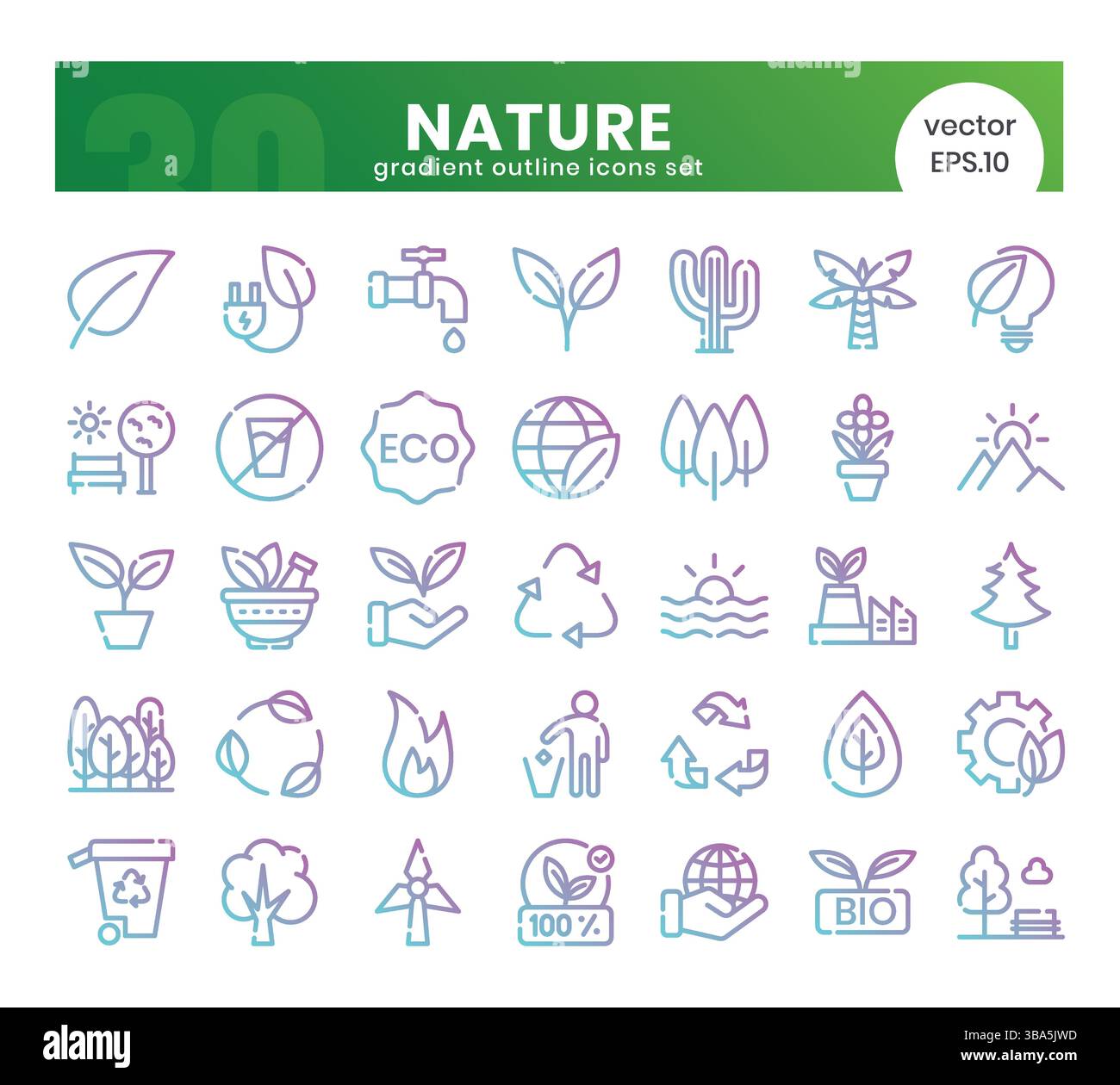 Nature Icons Bundle. Gradient outline icons style. Vector illustration ...