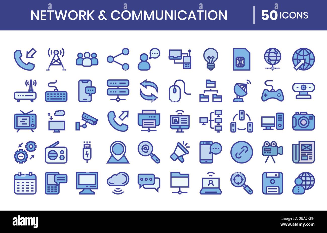 Network and communication Icons Bundle. Blue color icons style. Vector ...