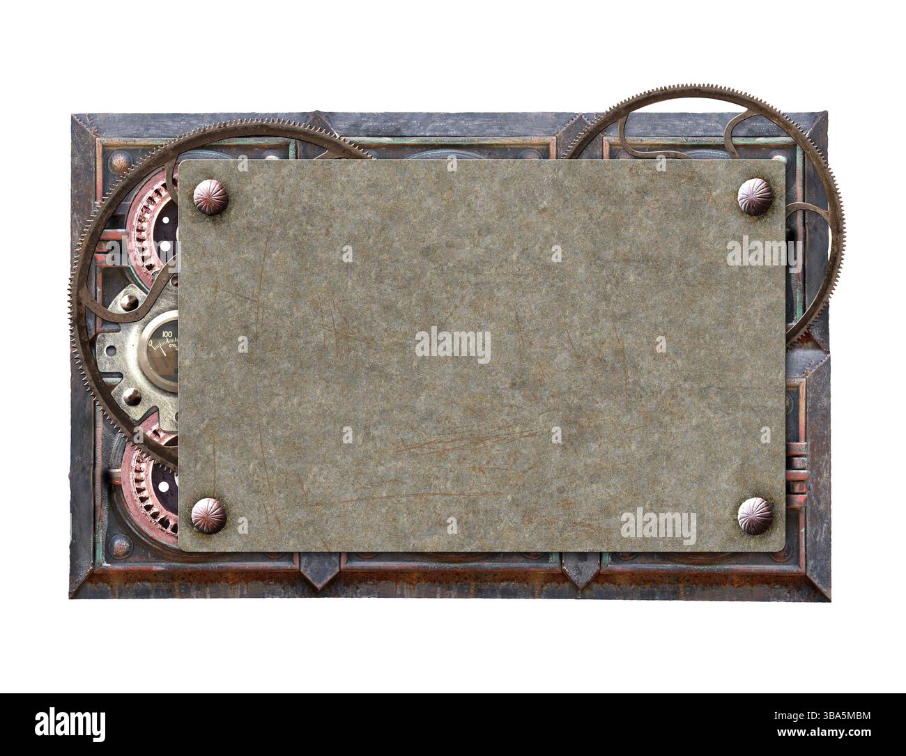 Metallic frame with vintage metal details, pipelines, gear, retro ...