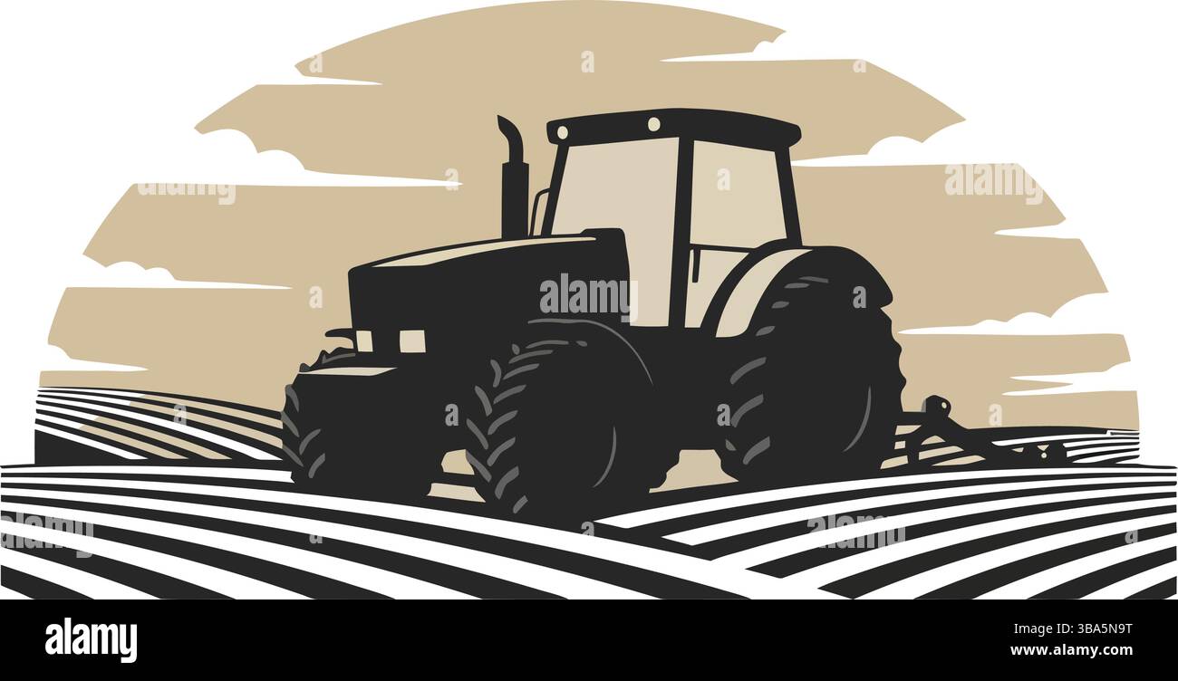Tractor Plowing Field at Sunset Stock Vector
