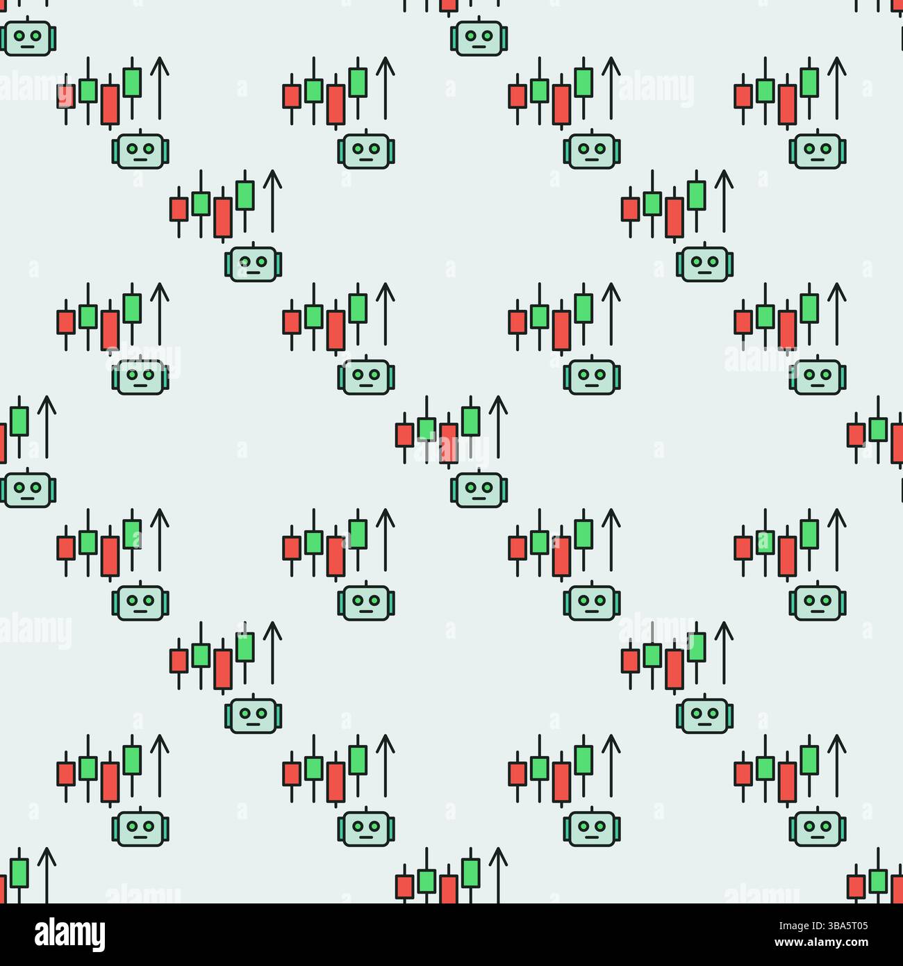 Cryptocurrency Candlestick Chart and AI Bot vector Crypto Trading concept colored seamless pattern Stock Vector
