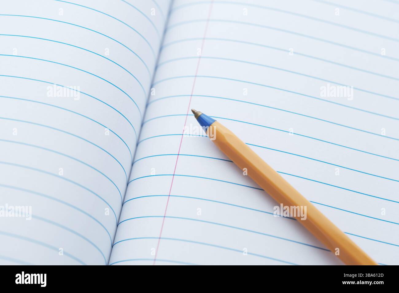 A ballpoint pen lying in an open blank notebook. Close up. Stock Photo